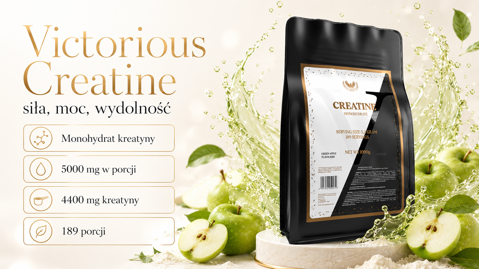 Victorious Nutrition Creatine Monohydrate 1000 g Green Apple