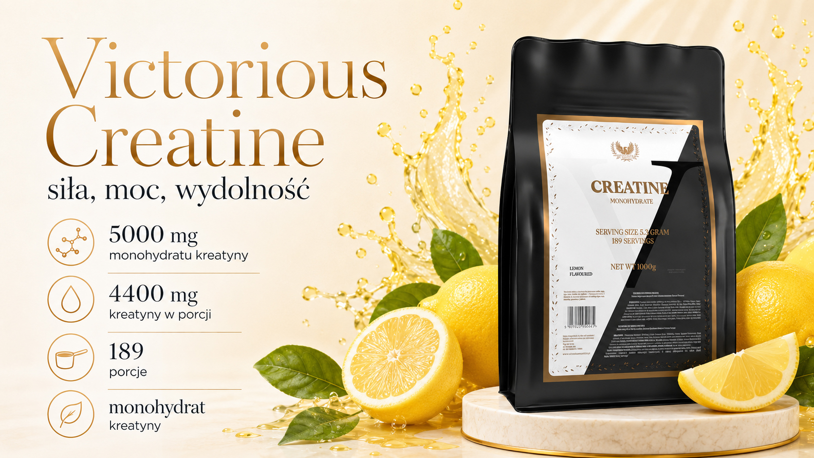 Victorious Nutrition Creatine Monohydrate 1000 g Lemon
