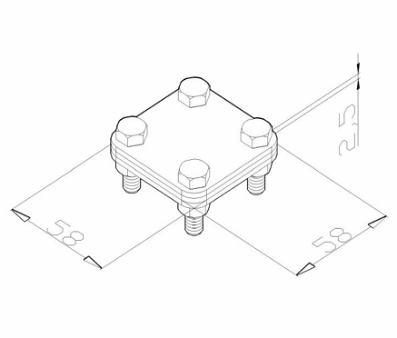Złącze krzyżowe nierdzewne 4xM8 z przekładką bednarka-bednarka 30x4mm