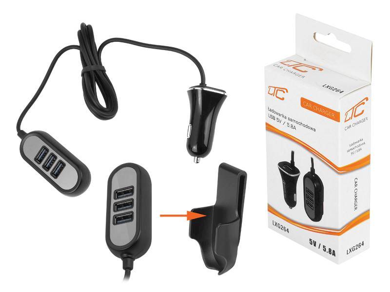 5V/5,8A USB+3xUSB samochod.1,4m ps2 CHARGER