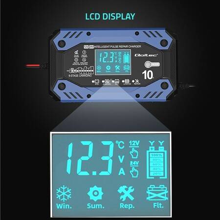 Qoltec ładowarka 12V 24V 10A LCD AGM LIFEPO4 ŻEL