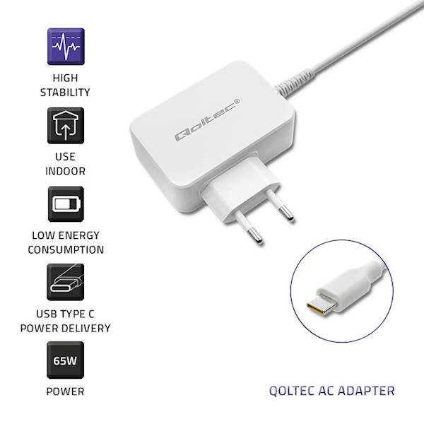 65W  5-20.3V  2-3.25A  USB typ C  PD Qoltec ładow.