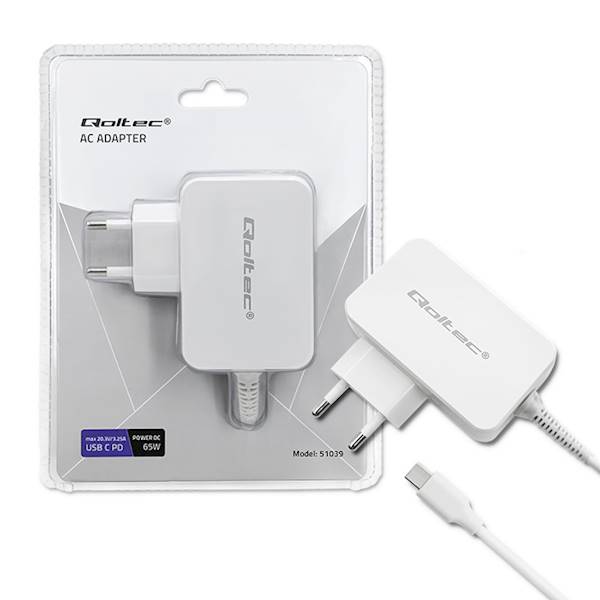 65W  5-20.3V  2-3.25A  USB typ C  PD Qoltec ładow.