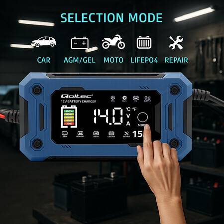 Qoltec ładowarka 12 15A LCD  AGM ŻEL LIFEPO4