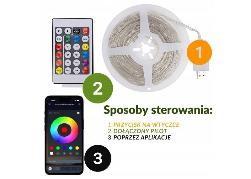 LED sznur 200-LED RGB, 10m USB DC/5V IP + pilot