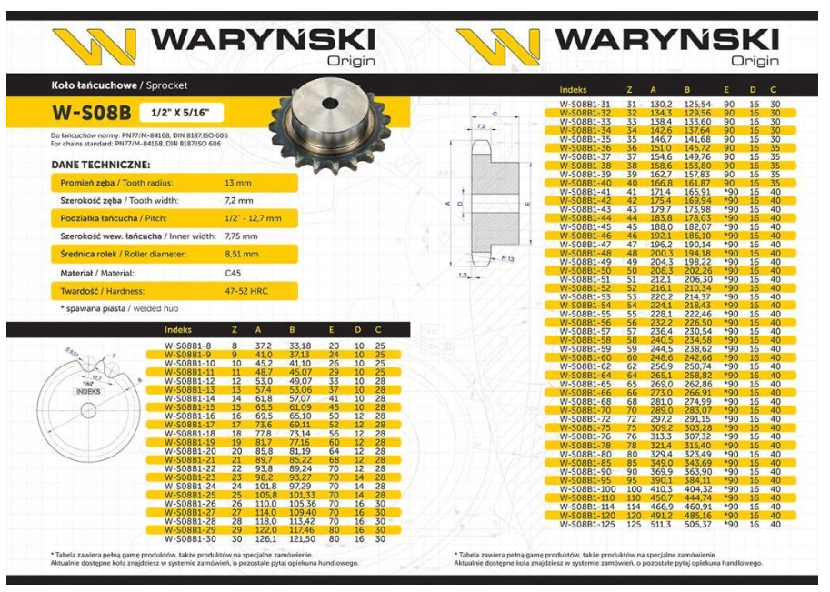Koło zębate hartowane z kołnierzem 08B-1 (R1 1/2) Z-17 Waryński