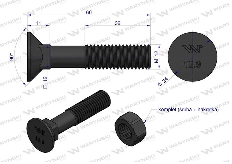 Śruba kpl. płużna podsadzana M12X60 D608 WARYŃSKI 
