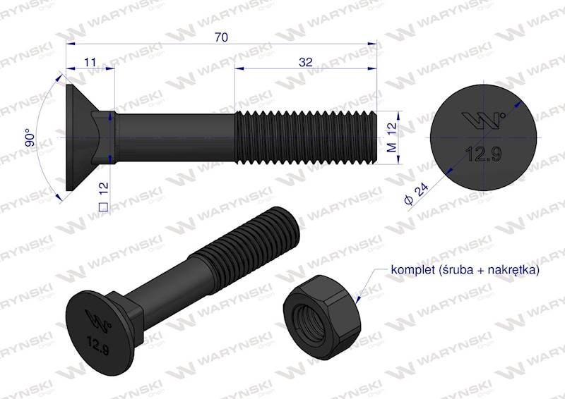 Śruba kpl. płużna podsadzana M12X70 D608 WARYŃSKI 