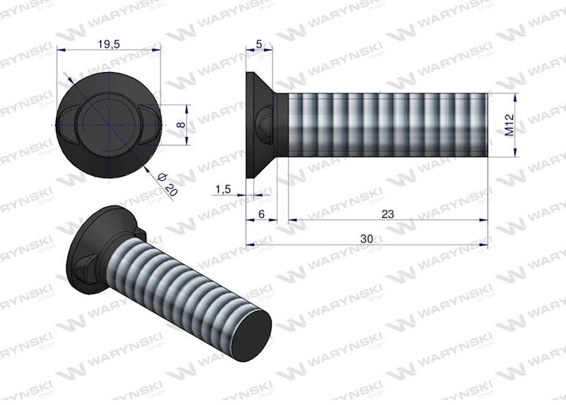 Śruba kpl. płużna dwunoskowa  M12X30 WARYŃSKI 