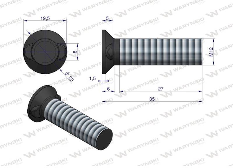 Śruba kpl. płużna dwunoskowa  M12X35  WARYŃSKI 