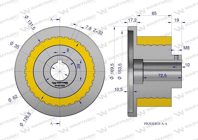 Rolka podporowa zębata z kołnierzem PU168X71X35 