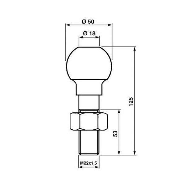 Sworzeń zaczepu kulowy, FI50 3500 kg M22x1, 5x53 l=125