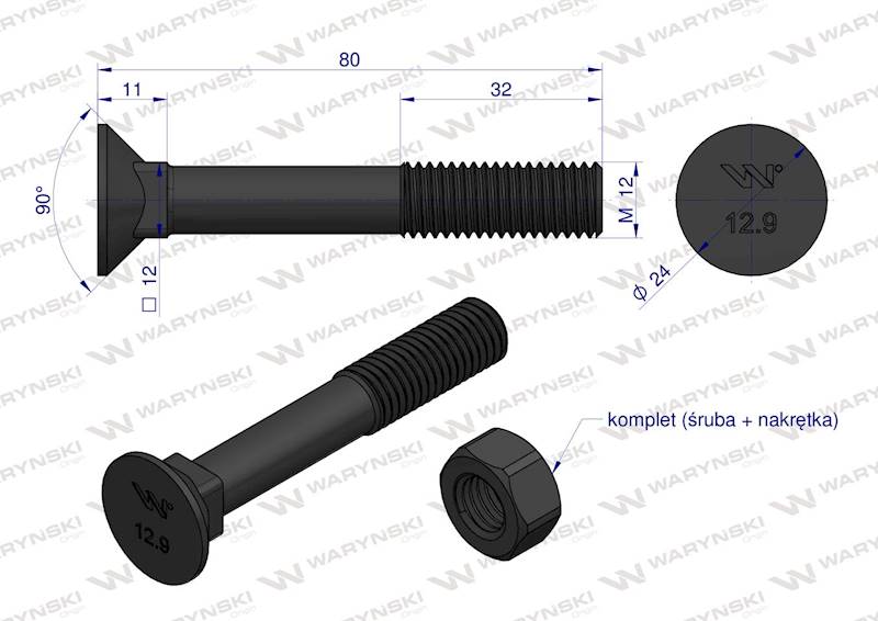 Śruba kpl. płużna podsadzana M12X80 D608 WARYŃSKI 