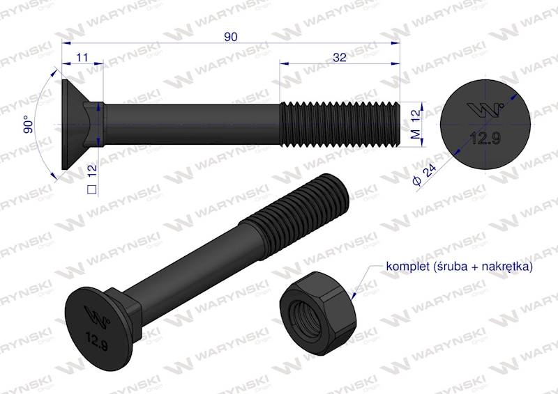 Śruba kpl. płużna podsadzana M12X90 D608 WARYŃSKI 