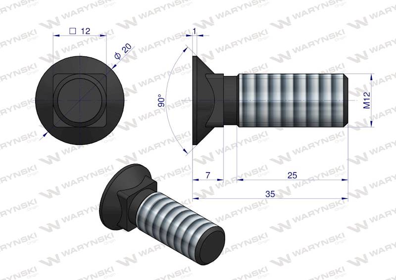 Śruba kpl. płużna podsadzana M12x35 mm kl.8.8 Waryński