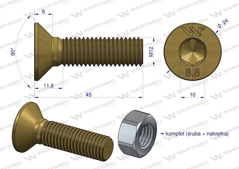 Śruba kpl. M12x45 - imbus 10 DIN7991 Waryński