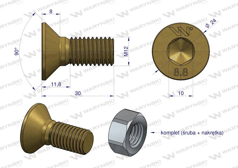 Śruba kpl. M12x30 - imbus 10 DIN7991 Waryński