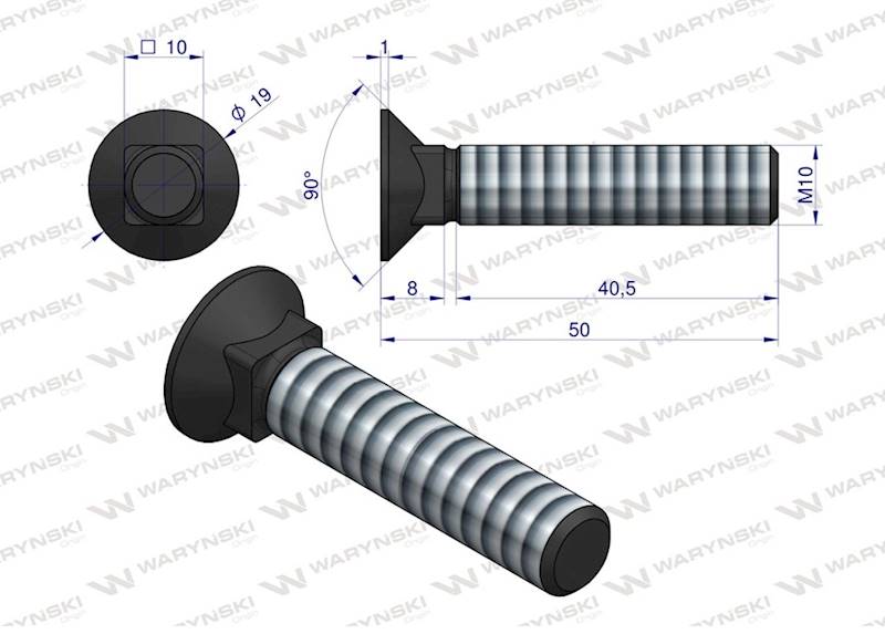 Śruba kpl. płużna podsadzana D 608 M10x50 mm kl.10.9 Waryński 