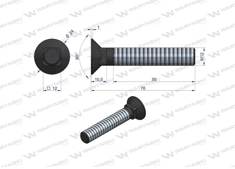 Śruba kpl. płużna podsadzana D 608 M12x70 mm kl.10.9 zastosowanie Gruber Waryński 