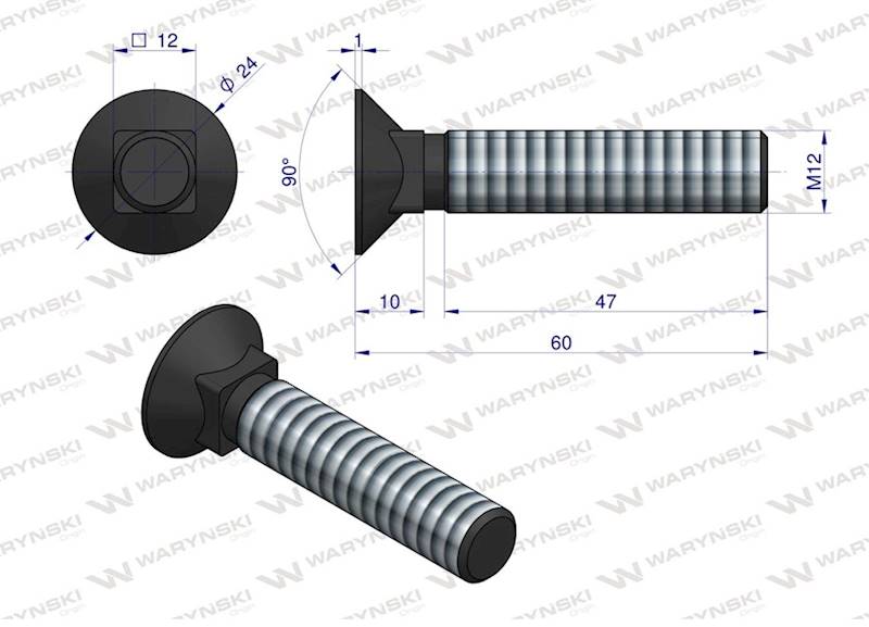 Śruba kpl. płużna podsadzana D 608 M12x60 mm kl.10.9 Waryński