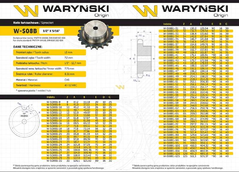 Koło zębate hartowane z kołnierzem 08B-1 (R1 1/2) Z-18 Waryński
