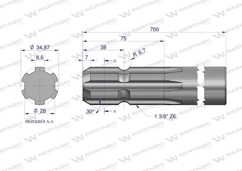 Wałek, WOM frezowany jednostronnie 700mm Z6 - 1 3/8, Waryński