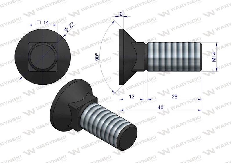Śruba kpl. płużna podsadzana D 608 M14x40 mm kl.10.9 Waryński 