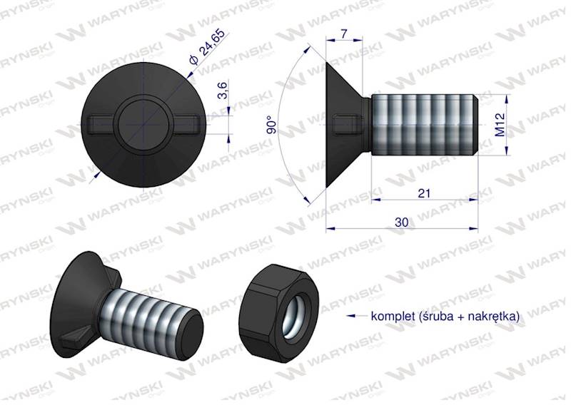Śruba kpl. płużna dwunoskowa większy łeb M12x30 mm kl.12.9 Waryński 