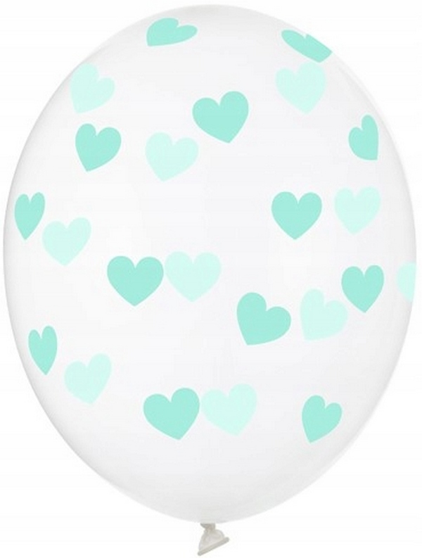 Balony 30 cm bezbarwne w miętowe serduszka 1 szt