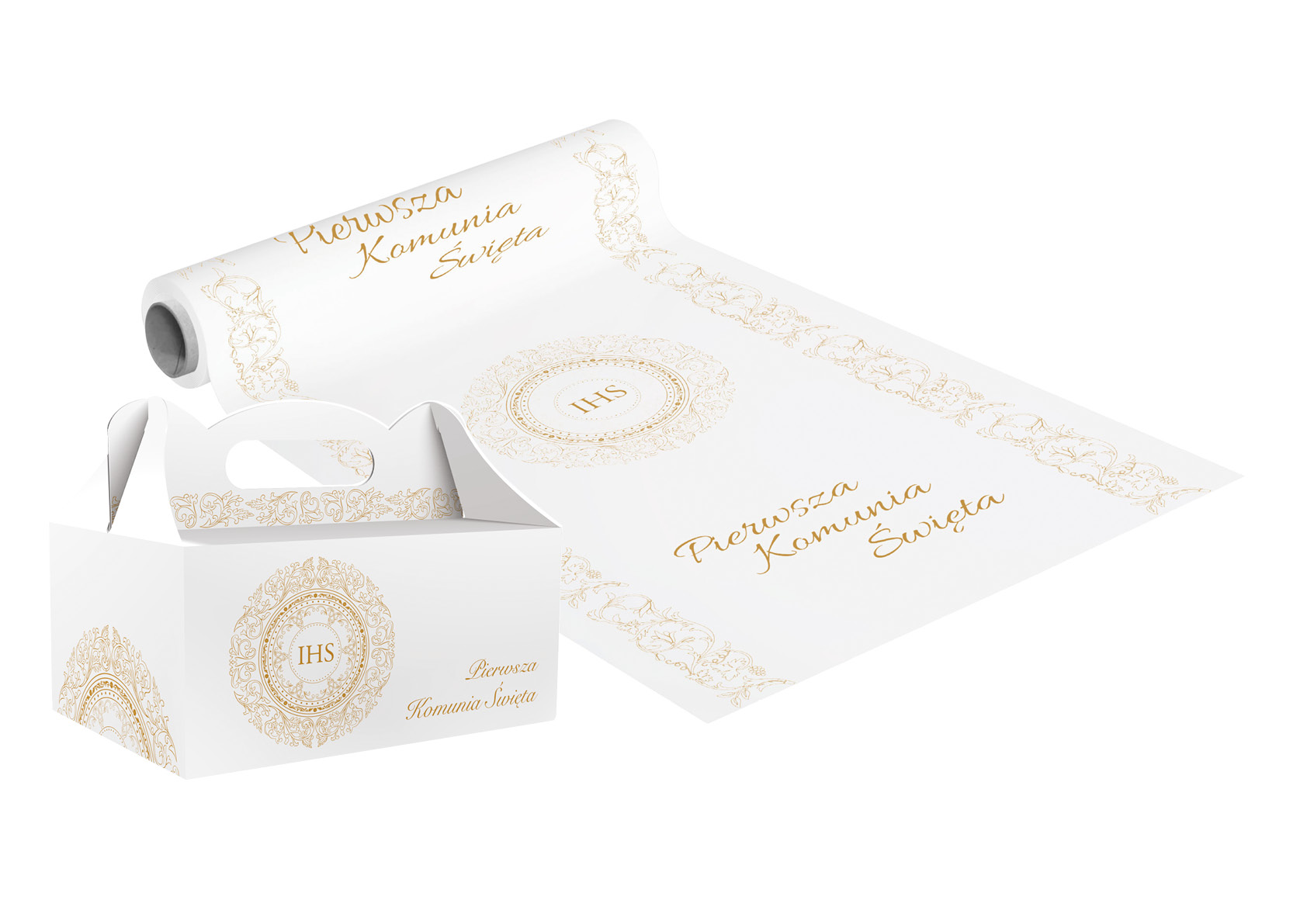 Pudełko na ciastko komunijne złoty IHS 120x170x145