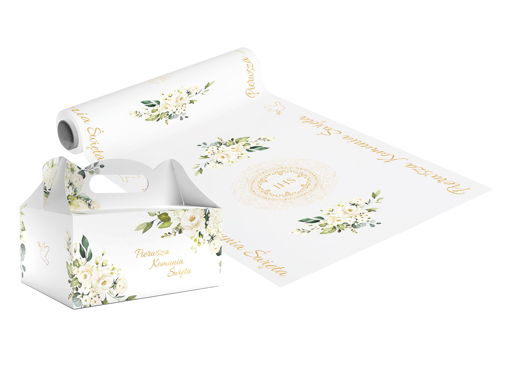 Bieżnik komunijny 41 cm x 5m - IHS + kwiaty 