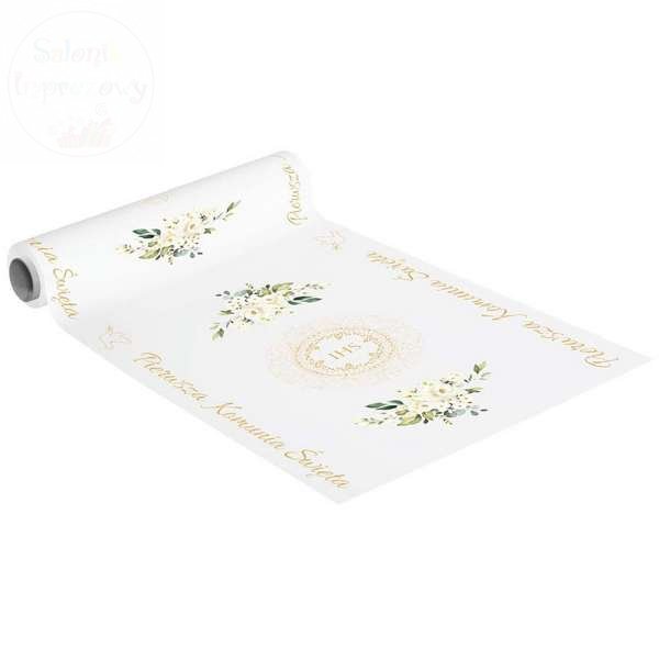 Bieżnik komunijny 41 cm x 5m - IHS + kwiaty 