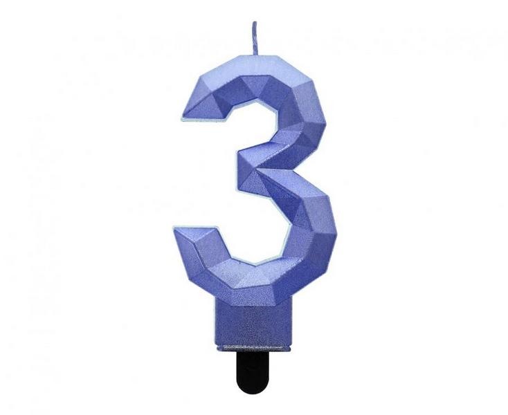 Świeczka cyferka 3 - diament ciemnoniebieski 7,6cm