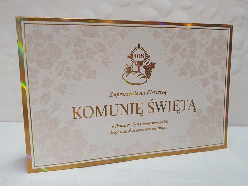 Zaproszenie na Komunię Świętą ze złotą ramką 1 szt