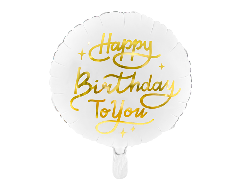Balon okrągły foliowy biały Happy Birthday To You