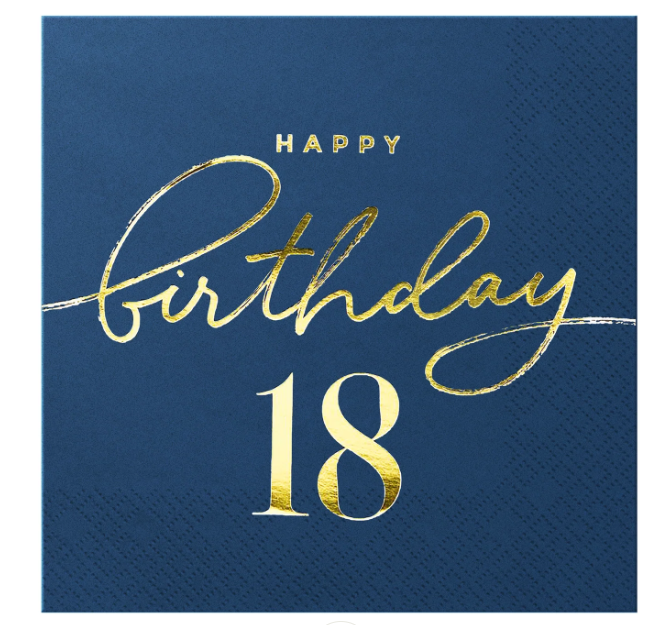 Serwetki 33x33 cm granatowe ze złotym nadrukiem Happy Birthday 18 - 10szt 