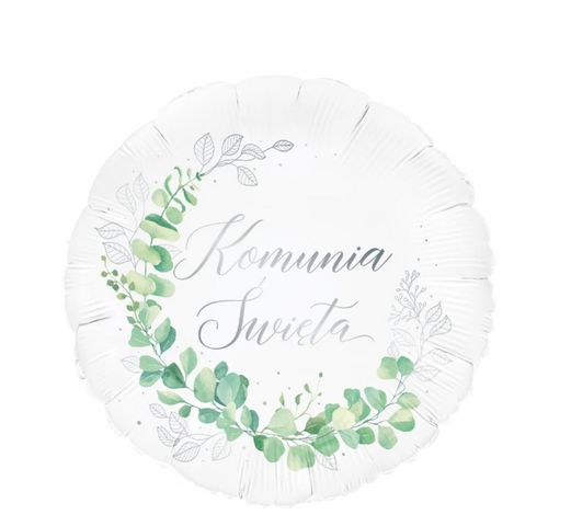 Balon foliowy 18 cali Biały ze srebrnym nadrukiem Komunia Święta