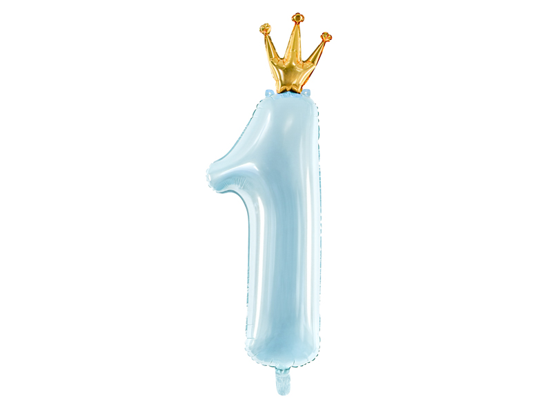 Balon błękitna cyfra 1 ze złotą koroną - 92 cm