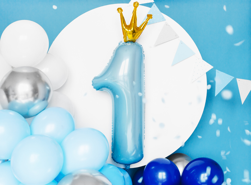 Balon błękitna cyfra 1 ze złotą koroną - 92 cm