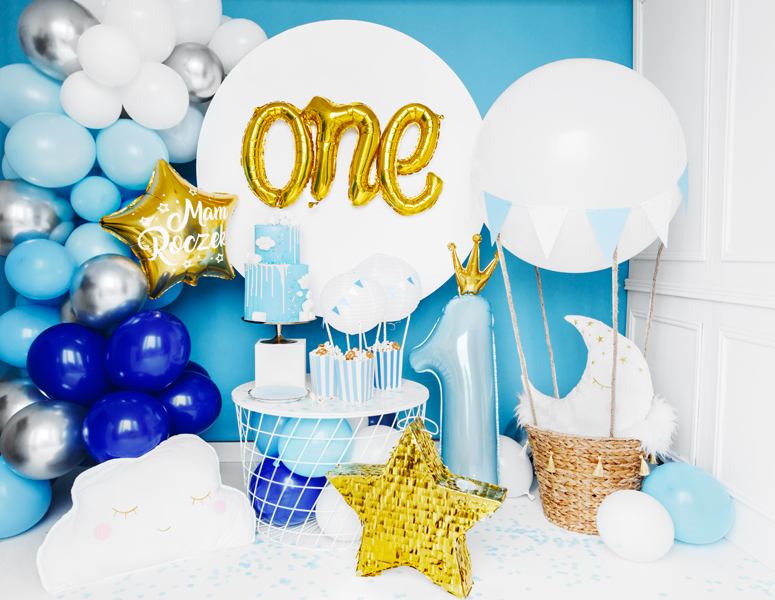 Balon błękitna cyfra 1 ze złotą koroną - 92 cm