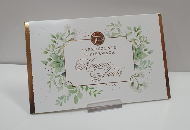 Zaproszenie na Pierwszą Komunię świętą - złotee dodatki 1 szt 