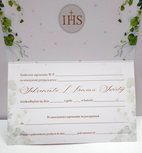 Zaproszenie na Pierwszą Komunię świętą - bluszcz 1 szt 