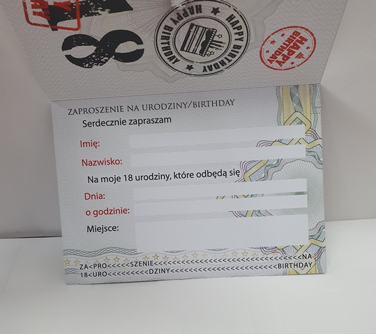 Zaproszenine na 18 urodziny PASZPORT 1 szt 