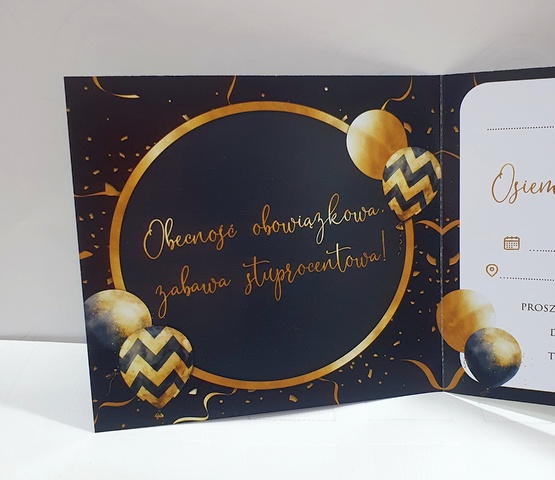 Zaproszenine na 18 urodziny czarno - złote "Balony" 1 szt 