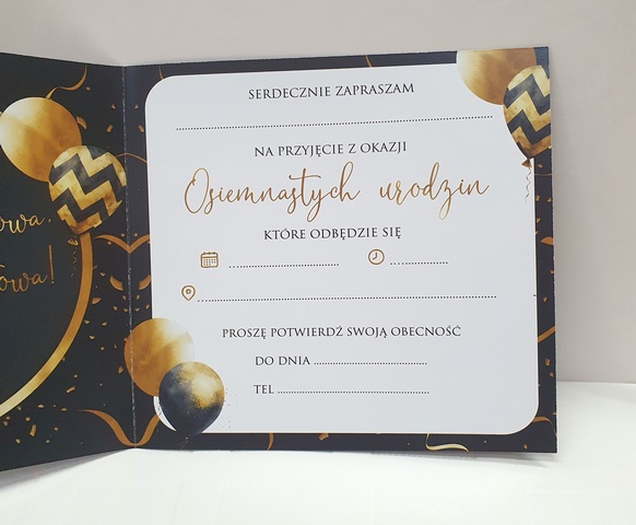 Zaproszenine na 18 urodziny czarno - złote "Balony" 1 szt 