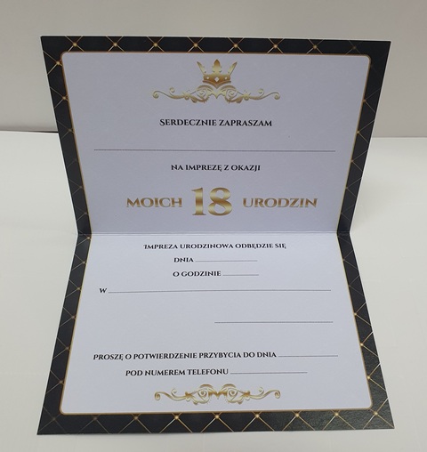 Zaproszenine na 18 urodziny czarno - złote 1 szt 