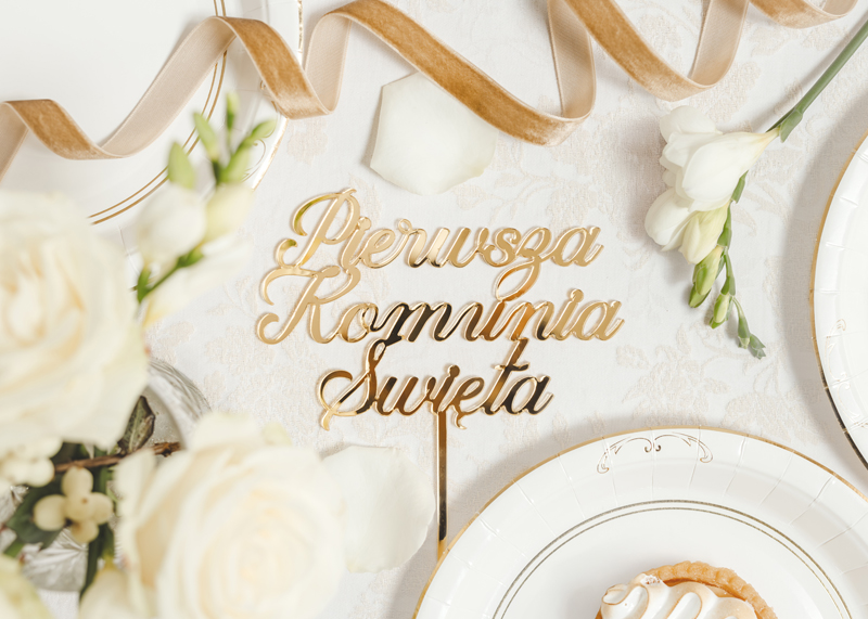 Topper akrylowy złoty Pierwsza Komunia święta 16,5cm 