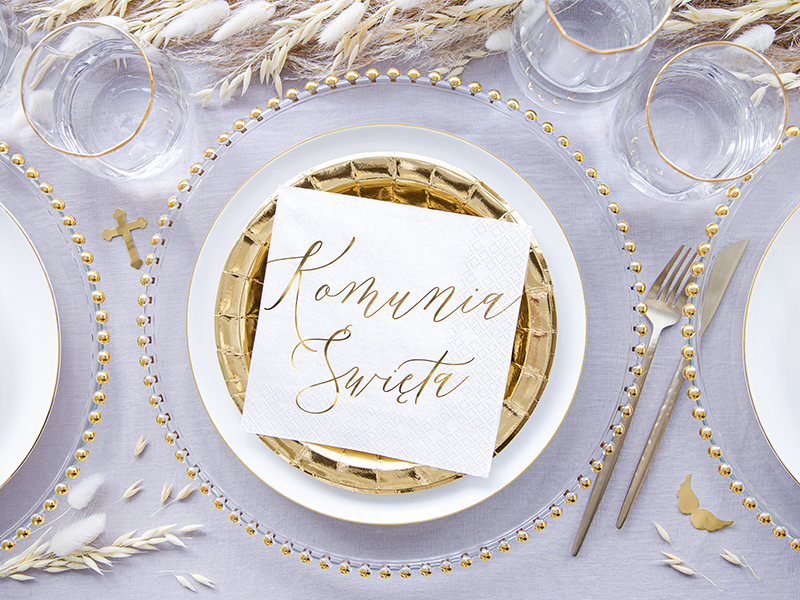 Serwetki KOMUNIA ŚWIIĘTA białe ze złotym napisem