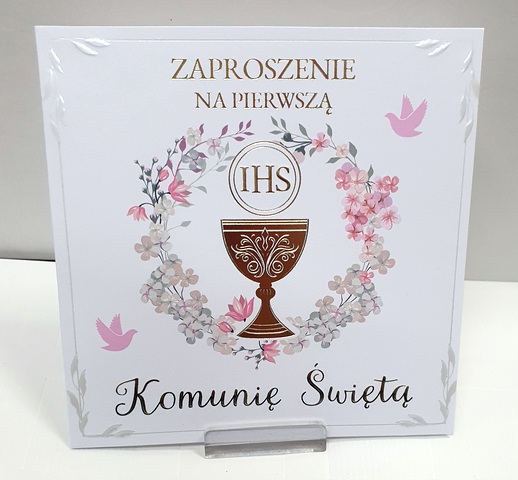 Zaproszenie na Pierwszą Komunię Świętą kielich - róż