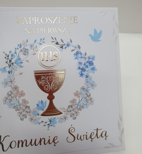 Zaproszenie na Pierwszą Komunię Świętą kielich - błękit